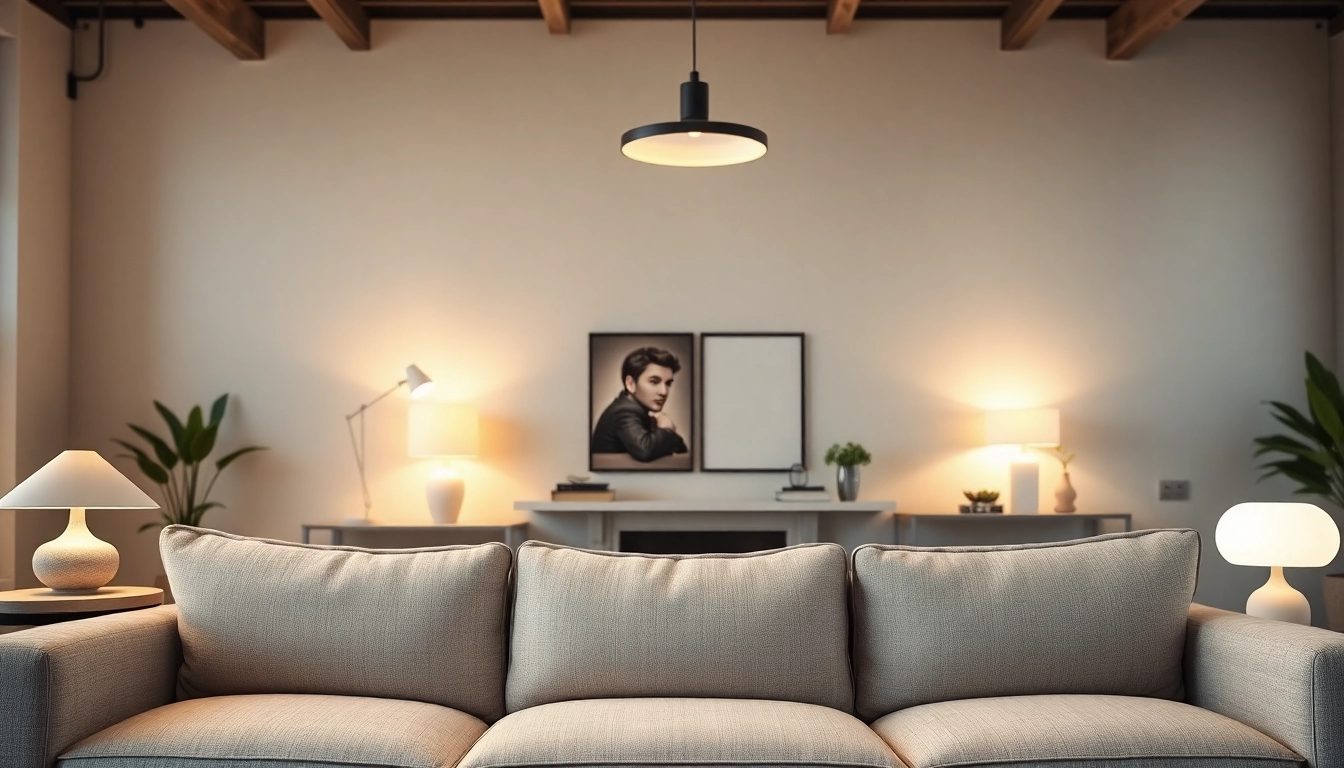 Sleek illumination enhances a modern living room's elegant atmosphere with warm lighting fixtures.
