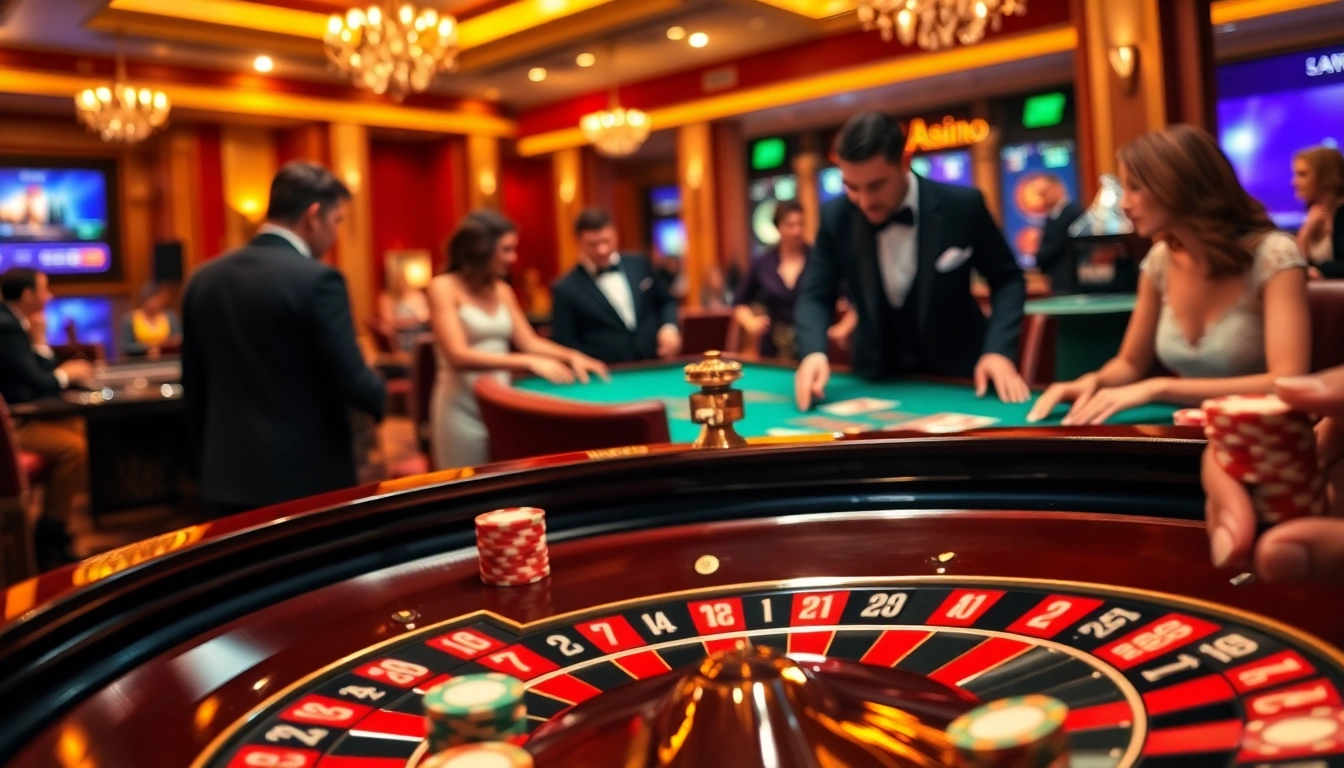 Une scène excitante au meilleur casino en ligne présentant une table de roulette avec des jetons vibrants et des joueurs concentrés.