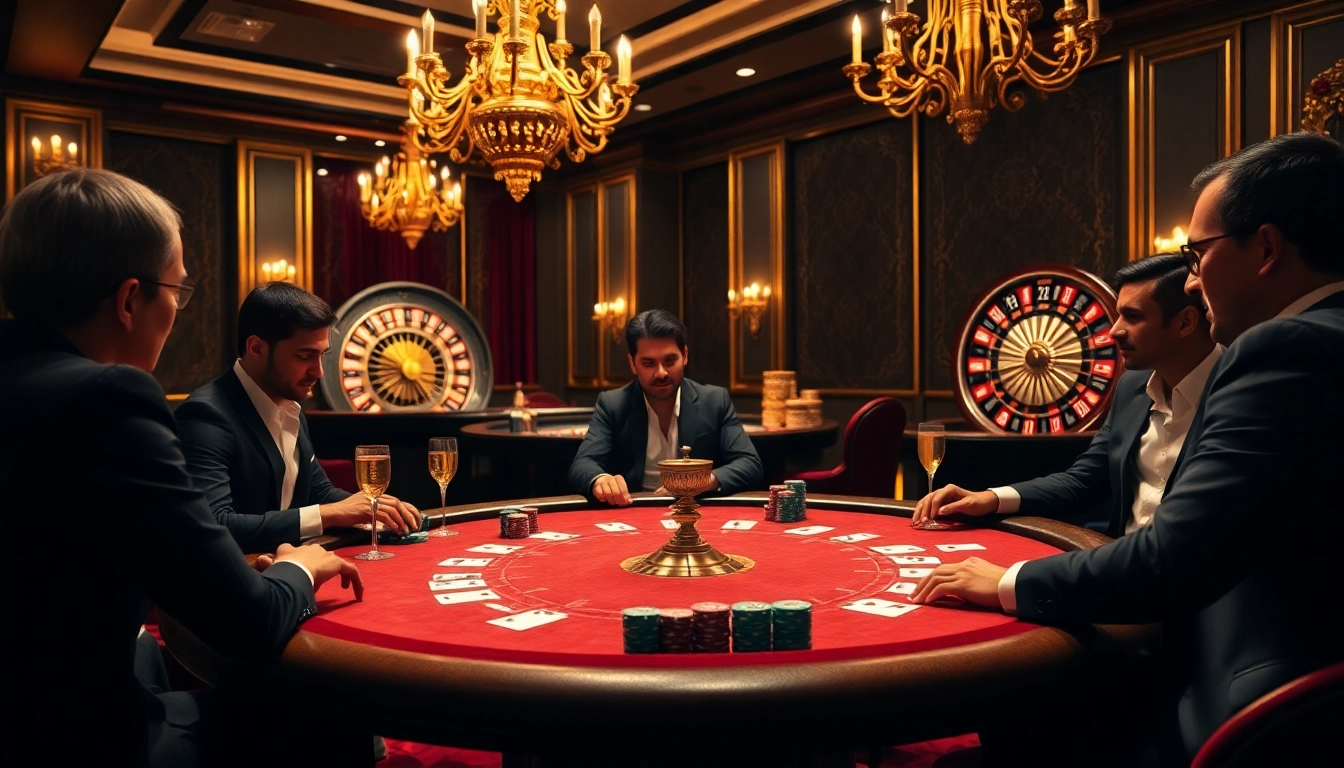 Vivez l'excitation du meilleur casino en ligne avec des joueurs élaborant des stratégies autour d'une élégante table de poker.