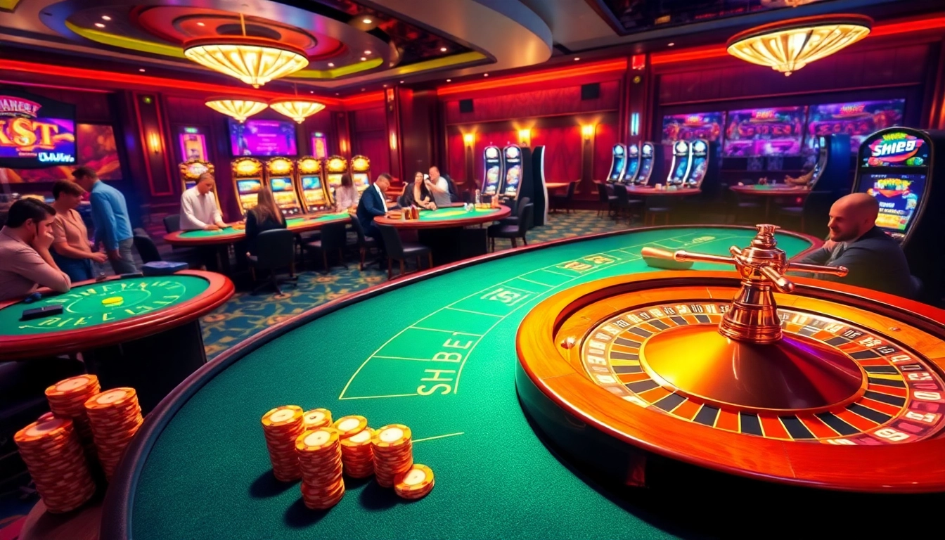 Engage in thrilling gameplay at SHBET, featuring vibrant casino tables, roulette wheels, and excited players.
