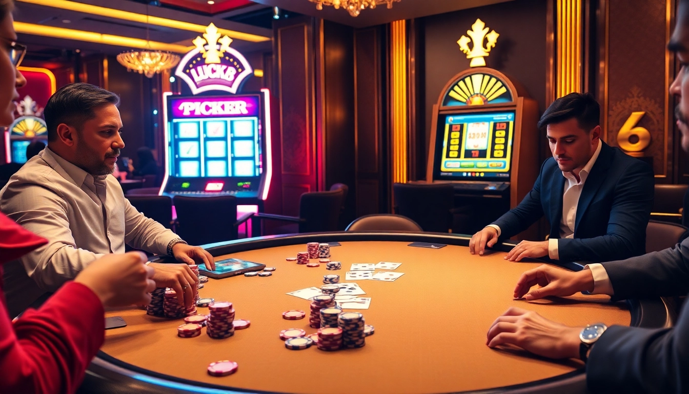 LUCK8 poker players enjoy an exciting game night, showcasing vibrant chips and cards in an upscale casino.