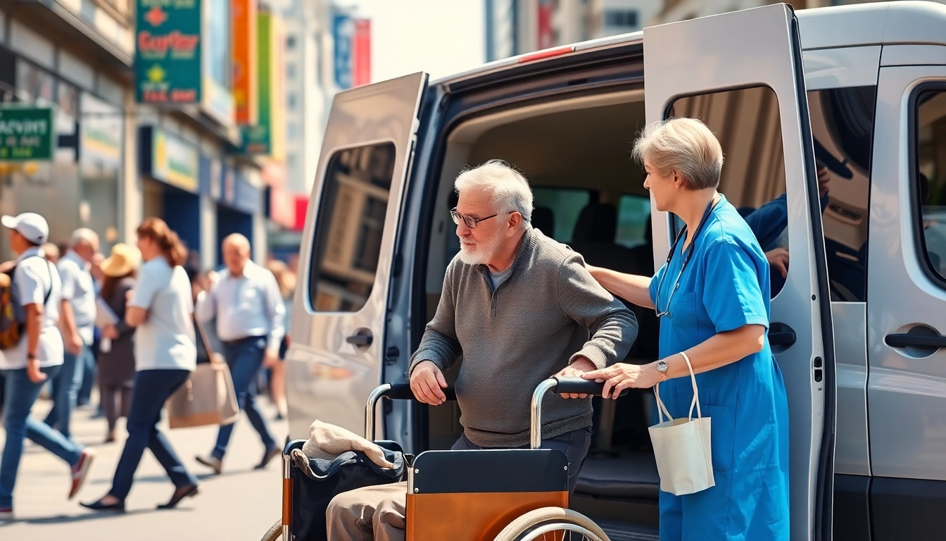 Elderly transportation services connecting caregivers and clients in urban settings.