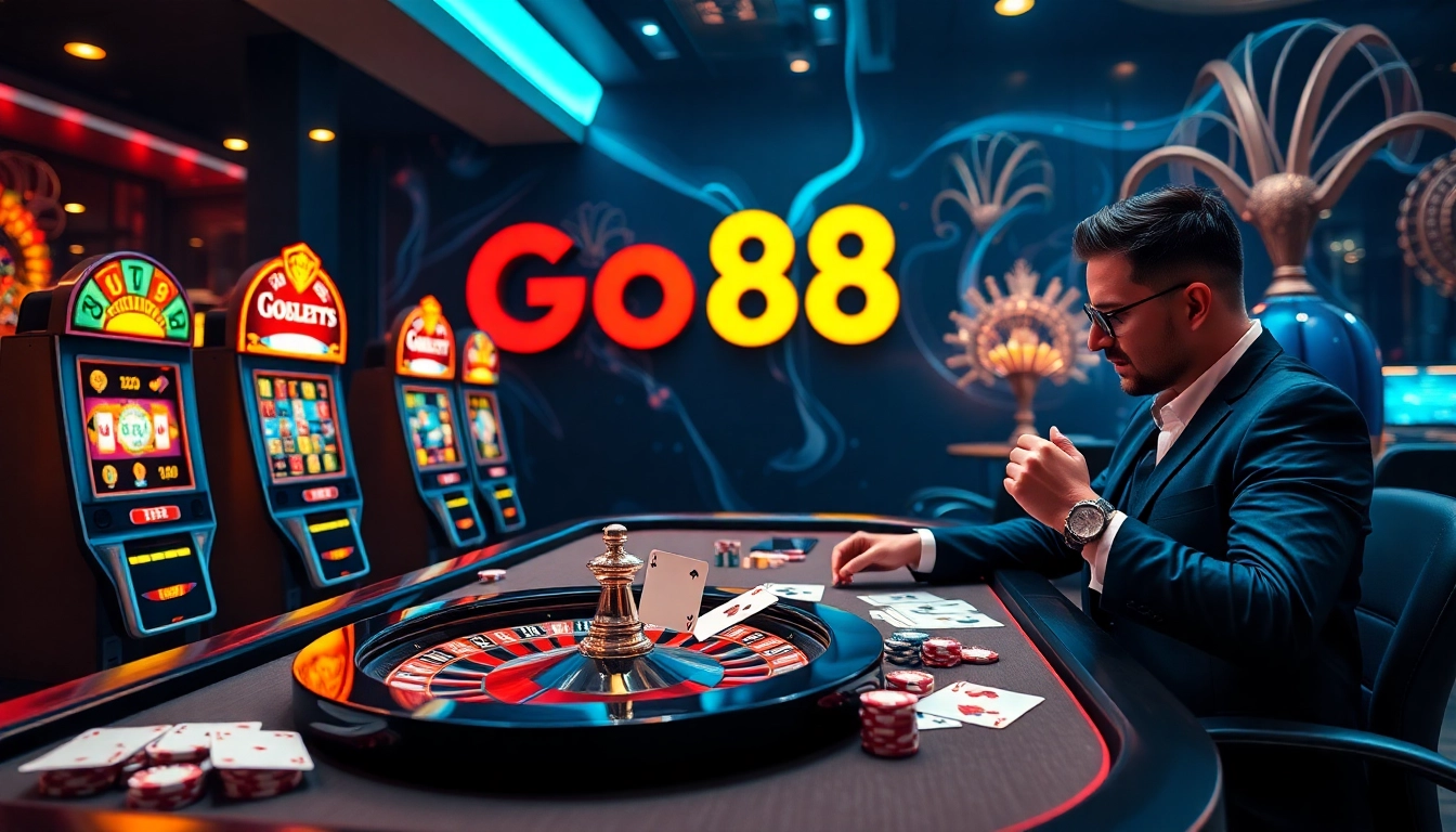 Engaging scene of Go88 casino gaming with casino tables, vibrant lights, and thrilling action.