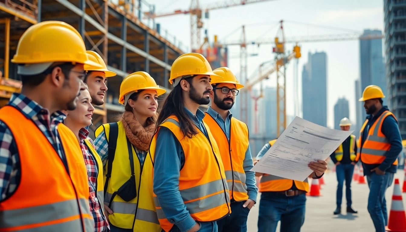 Construction safety programs at work, featuring diverse workers engaging in safety inspections on a busy site.