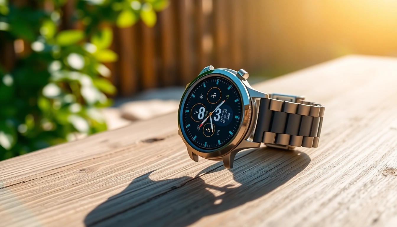 Showcase Pulse Smart Watch showcasing health metrics on a wooden surface amidst nature.