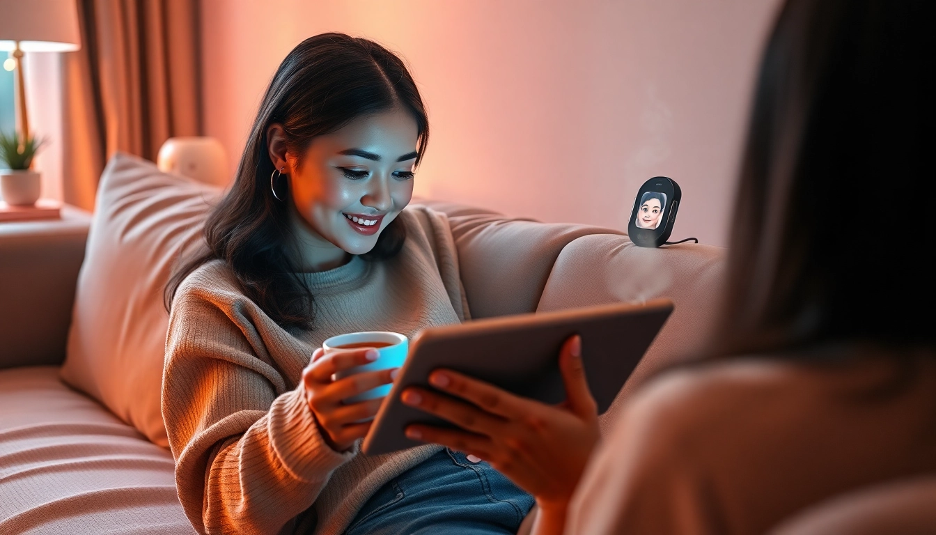 An engaging scene of a user chatting with her AI girlfriend on a tablet, showcasing the essence of digital companionship.