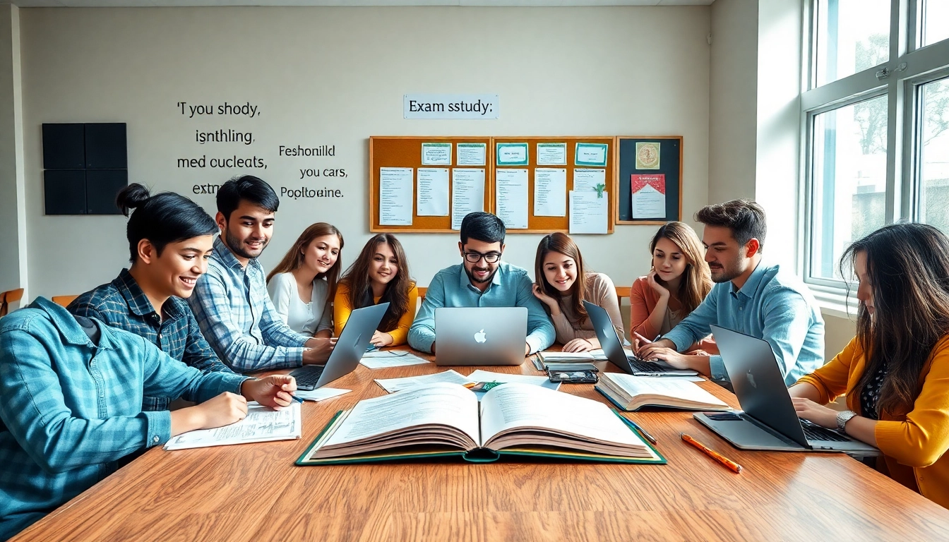 Students focused on exam preparation, studying collaboratively in a bright environment.