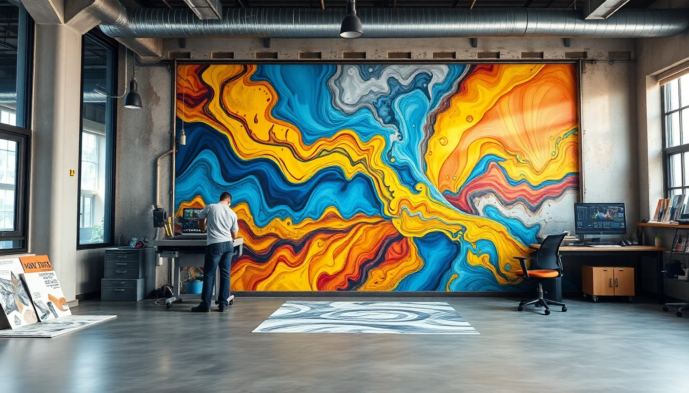 Oszałamiająca aplikacja muralu druku ściennego w nowoczesnym biurze, prezentująca innowacyjną technologię druku na ścianach.
