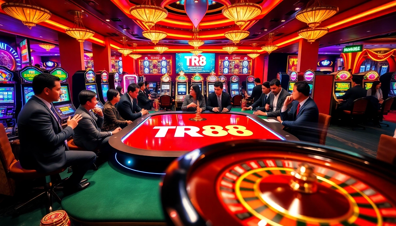 Engaged players enjoying the excitement of TR88 branded games at a vibrant casino table.