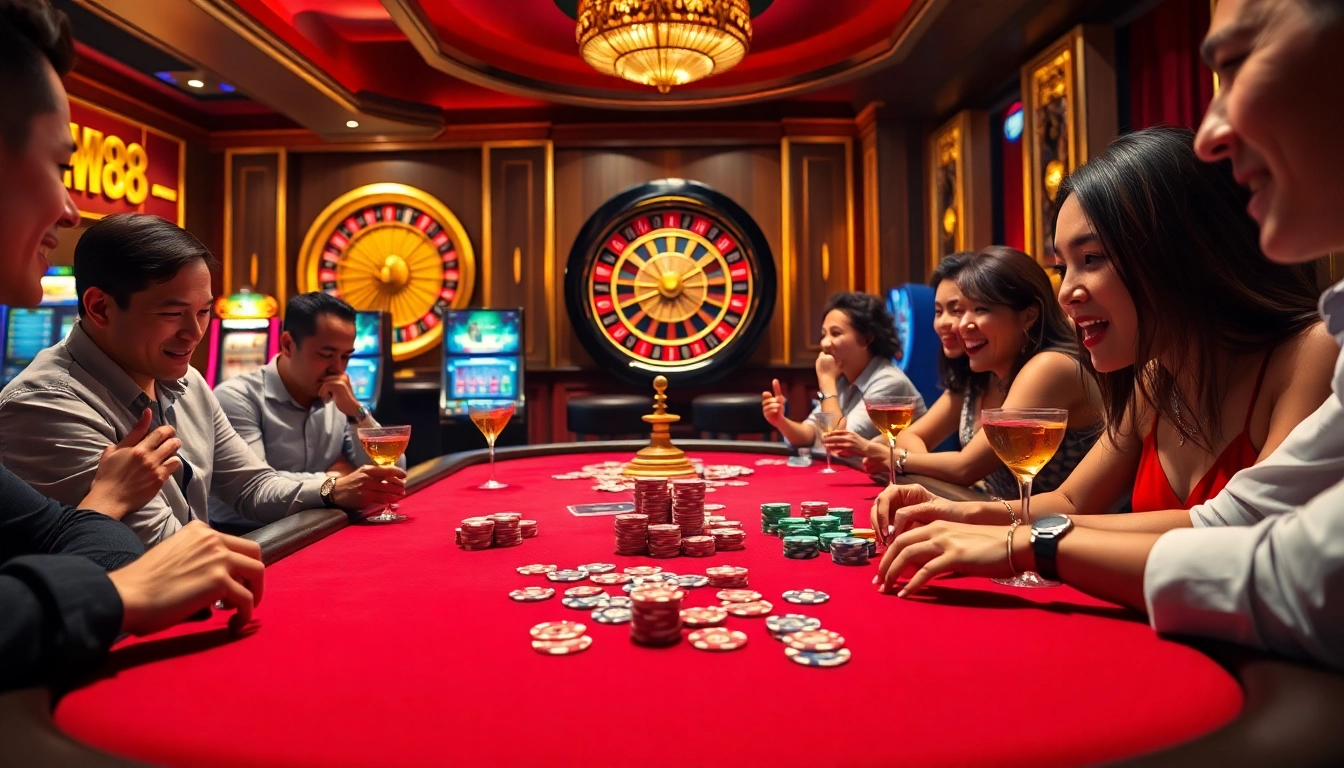 Experience the excitement at MM88 with vibrant casino scenes featuring poker and roulette.