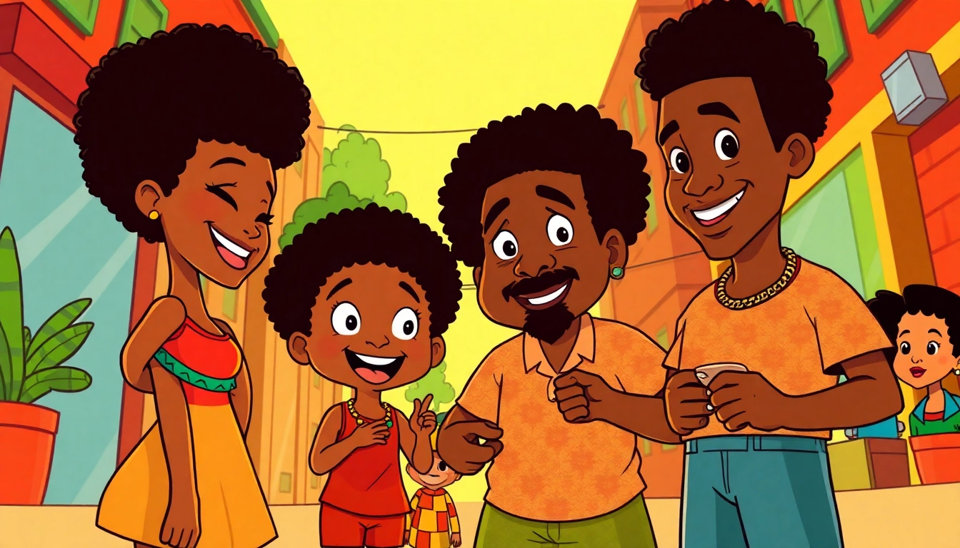 A vibrant scene of African American cartoons showcasing characters from The Boondocks and The Proud Family, emphasizing diversity and engagement.