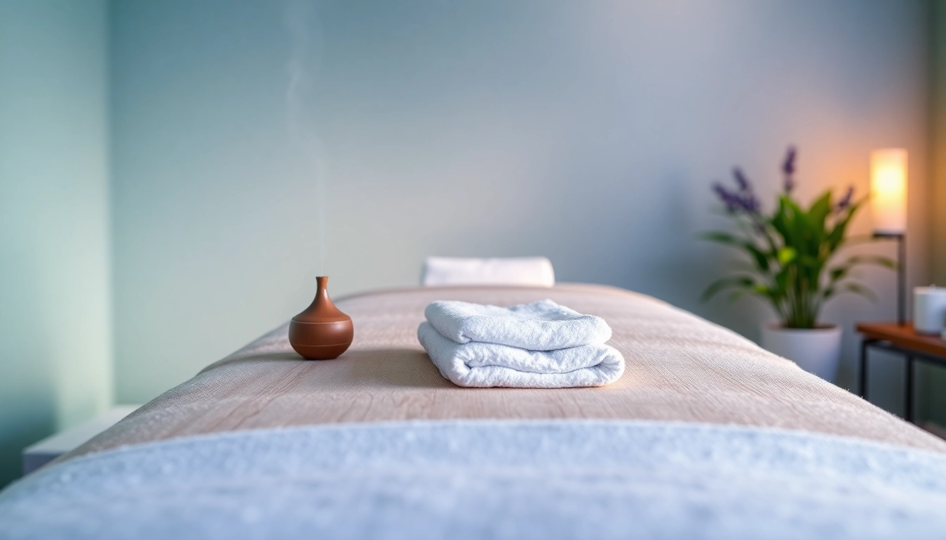 편안한 색상과 자연 요소가 어우러진 차분한 분위기의 마사지 치료실