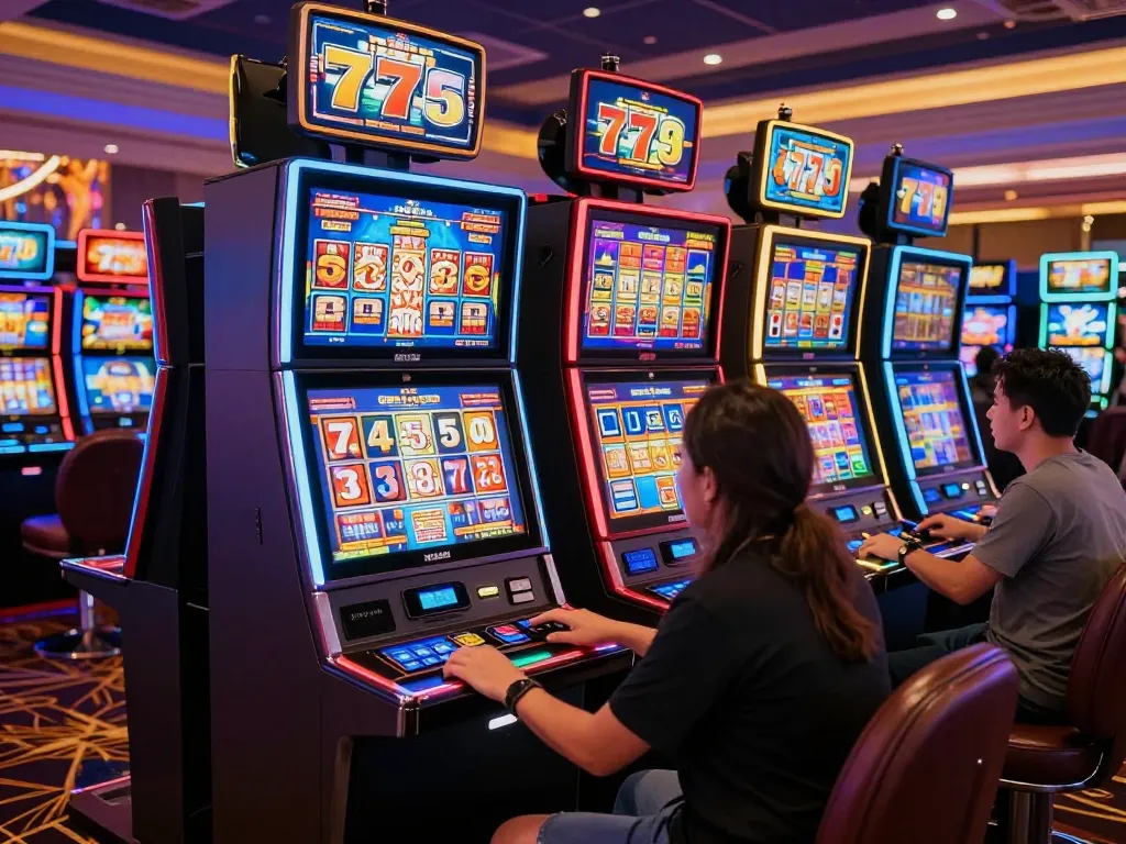 Players enjoying dynamic slot 777 machines, spinning for jackpots in a lively casino scene.