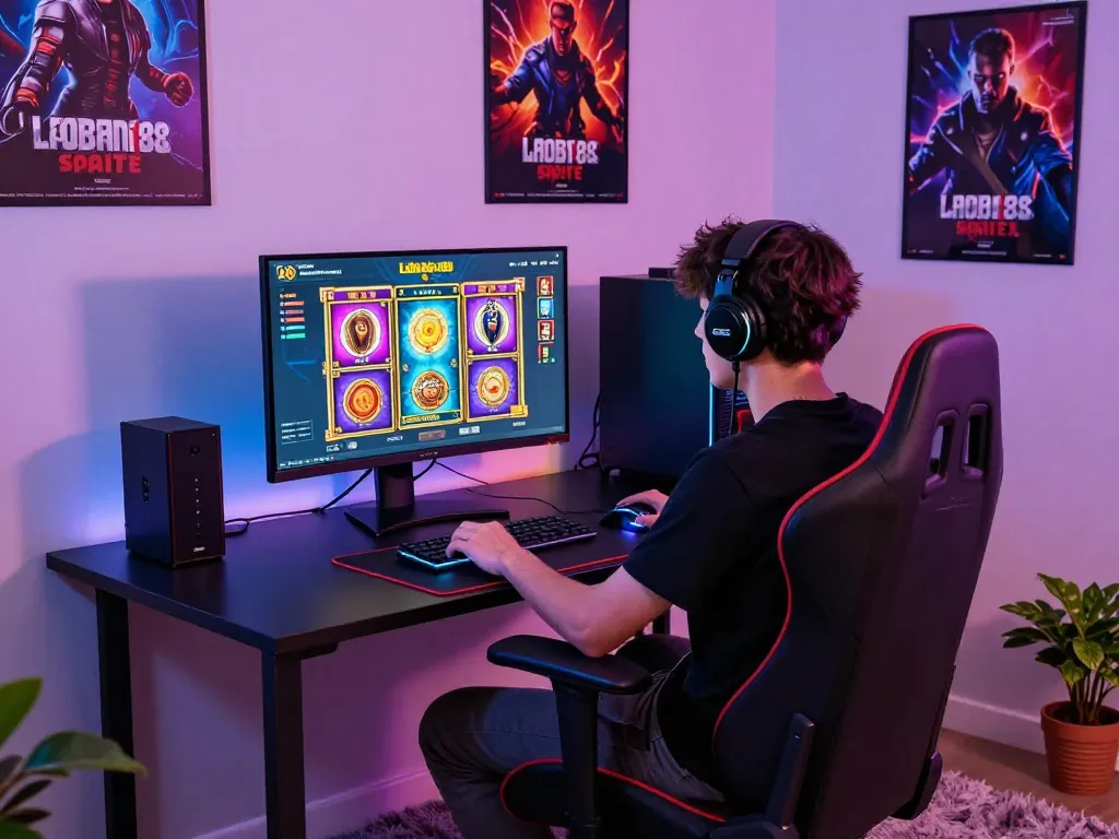 Pengaturan permainan dinamis yang menampilkan situs slot laoban188 di monitor dengan grafik yang hidup dan aksesori.