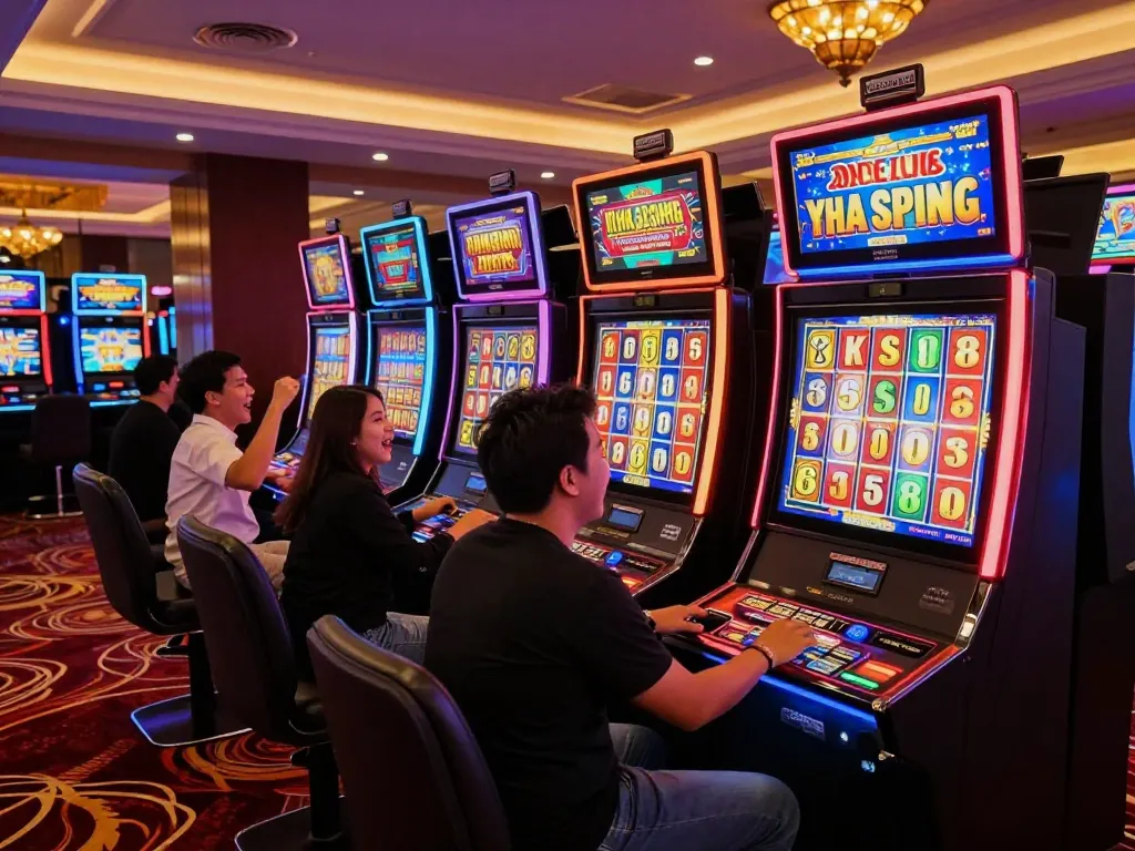 Excited players enjoying the link slot gacor at colorful slot machines in a luxurious casino ambiance