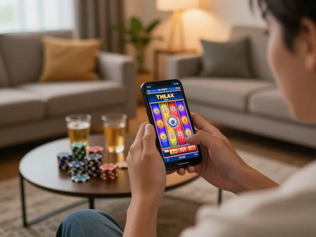Engaging mobile gaming experience with vibrant thailand slot on smartphone in cozy home atmosphere