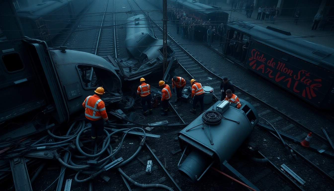 Emergency responders assess the scene of the spain train crash after a tragic accident