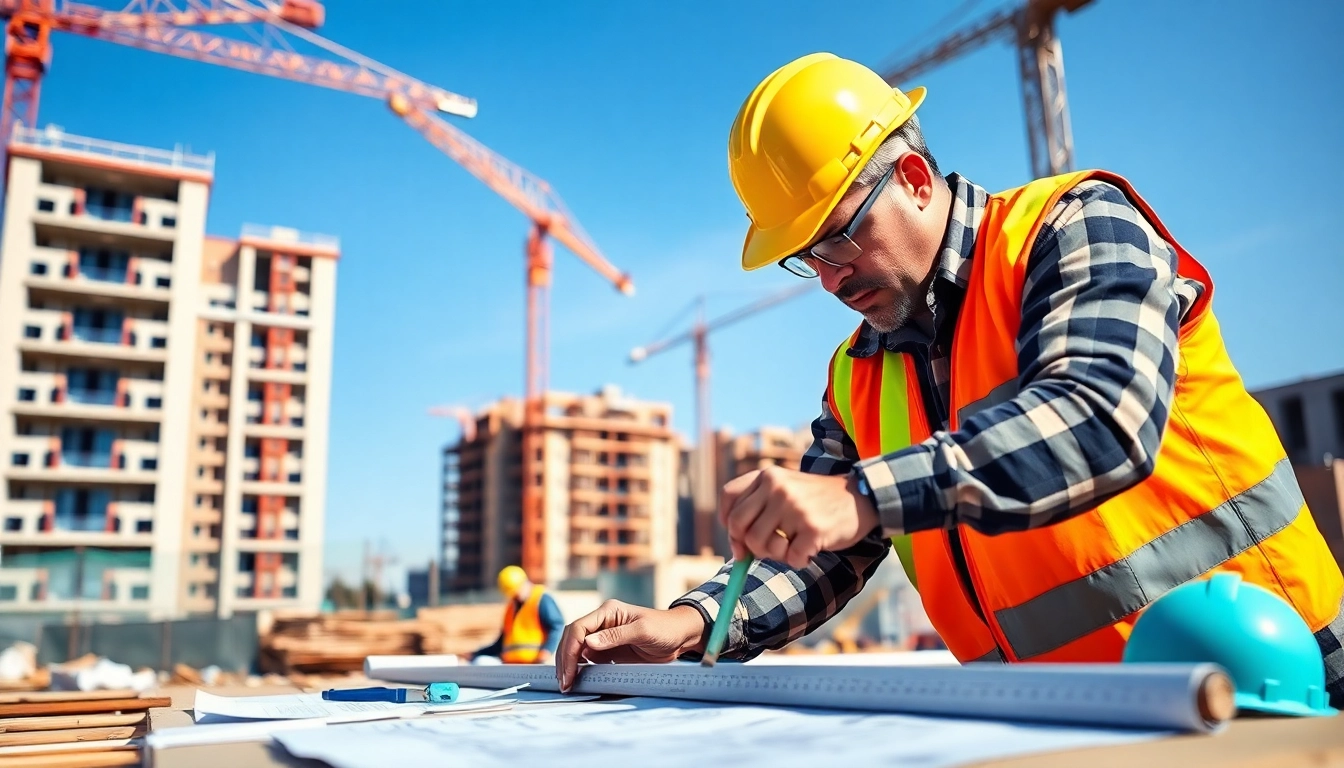 Construction career worker measuring materials on-site with vibrant surroundings and safety gear.