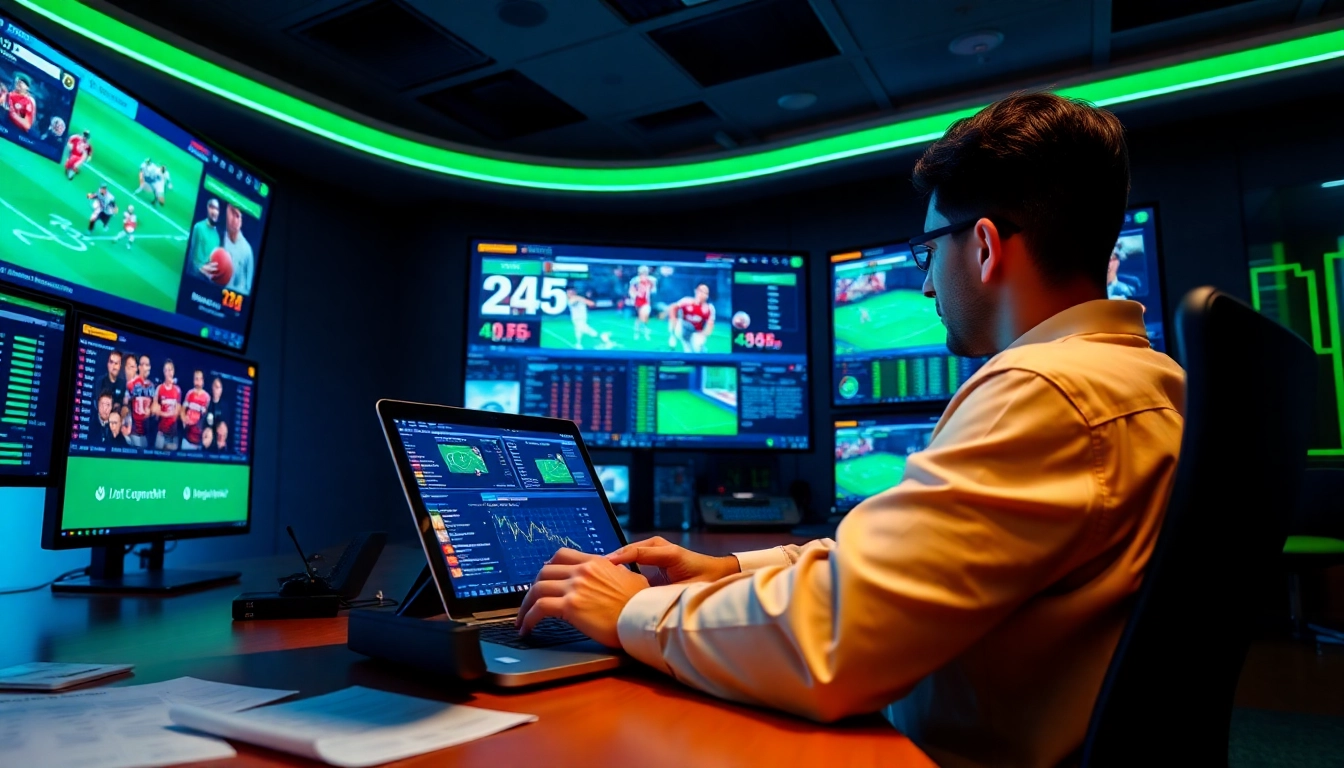 Engaged individual using 슈어맨 for safe sports betting analysis in a modern setting.