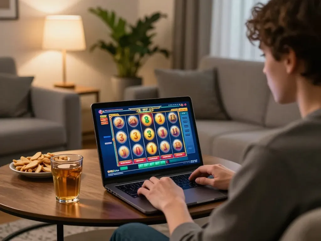 Engaging in slot bet kecil from a cozy home with a laptop showing a colorful game interface.